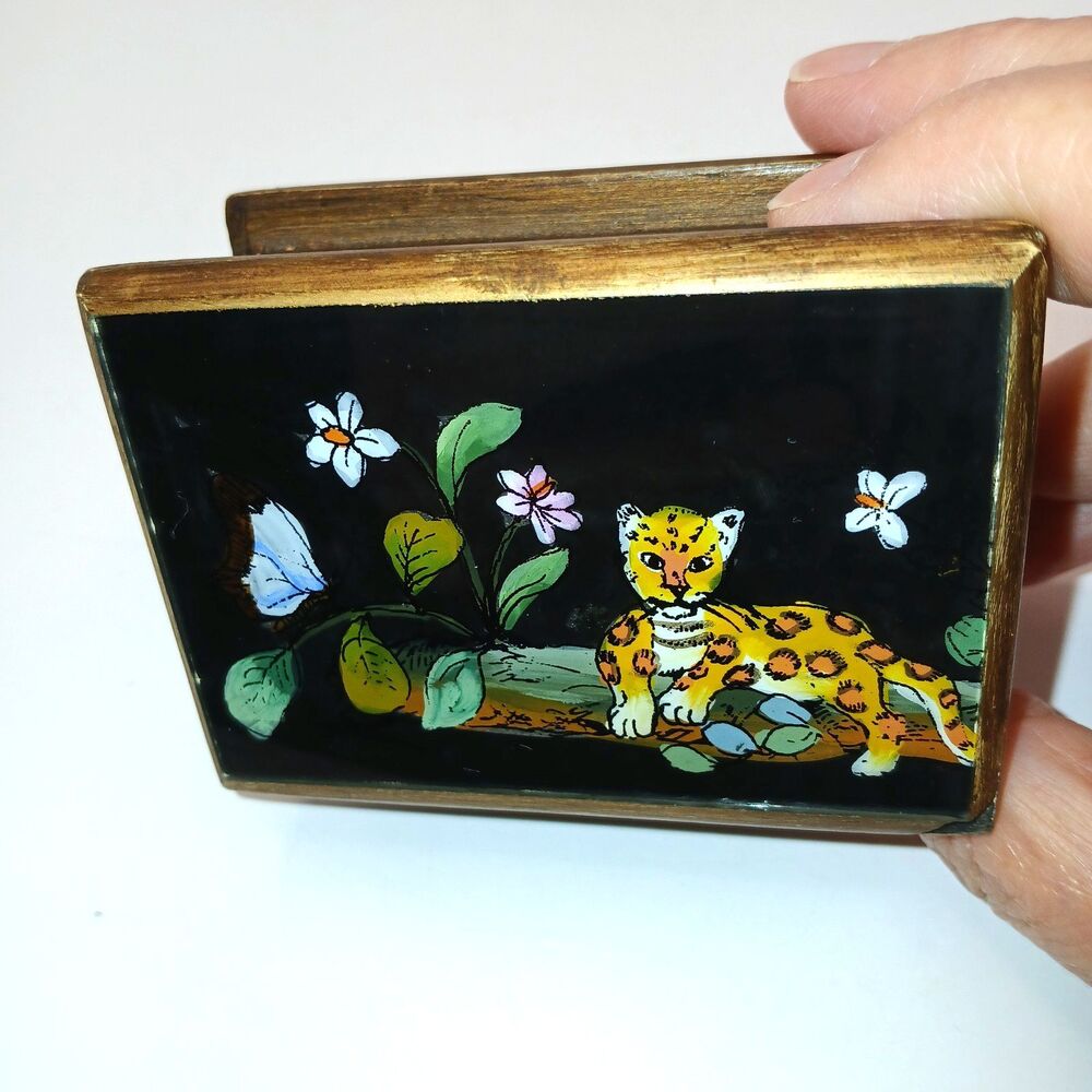 Robert M Weiss Leopard Cat on Log Glass & Wooden Small Trinket Box Handmade Peru